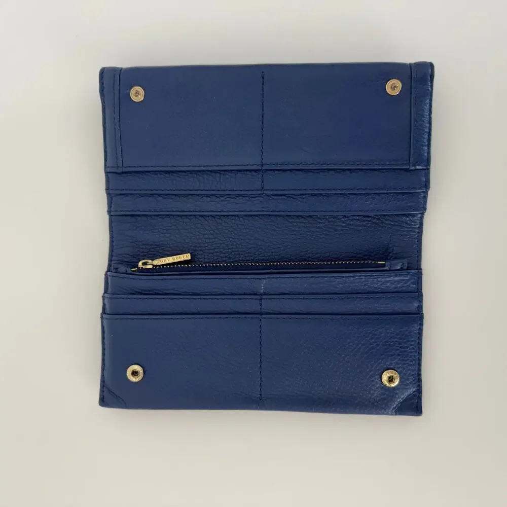 Tory Burch Amanda Envelope Continental Wallet Blue Pebble Leather Gold-Tone Logo